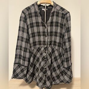 Habitat | Black White Plaid Fringe Hem Button Front Top